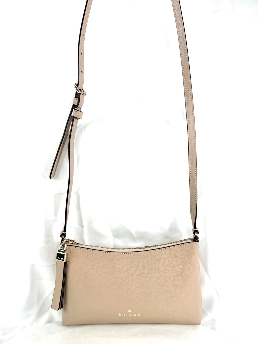 Kate Spade Beige Leather Mini Bag Crossbody Brass Wristlet Strap